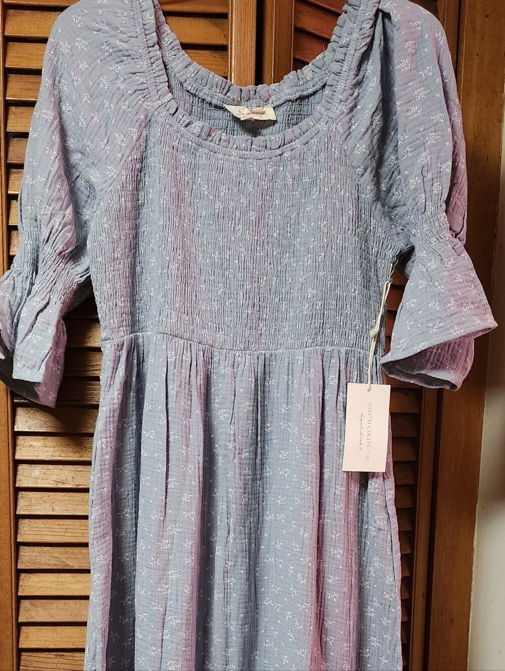 Smocked Off-Shoulder Dusty Blue Floral Maxi Dress - Picture 3 of 4